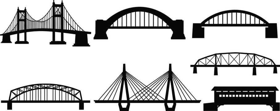 Set of 6 Bridge Types silhouette suspension bridge arch bridge beam bridge and truss bridge distinct shapes