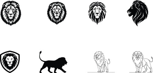 Naklejka premium Collection of lion head silhouette and lion logos in various styles
