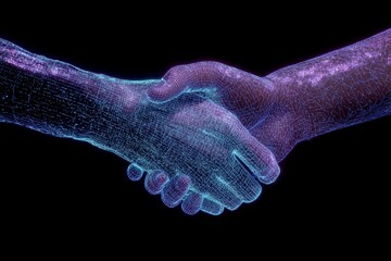 A handshake between two hands with digital wireframe pattern on a black background.