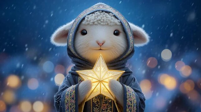 Cute lamb in a decorative hooded cloak holding a glowing star lantern against a snowy festive evening background
