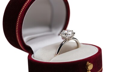 Diamond engagement ring in red velvet box isolated for Valentine's Day proposal 3D render.