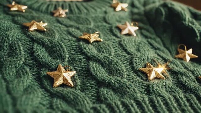 Smooth cinematic dolly movement revealing small golden star ornaments securely fastened onto the detailed pattern of a cozy green cable knit sweater holiday fashion, luxury texture, christmas apparel