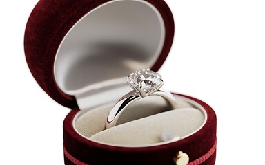 Diamond engagement ring in red velvet box isolated for Valentine's Day proposal 3D render.