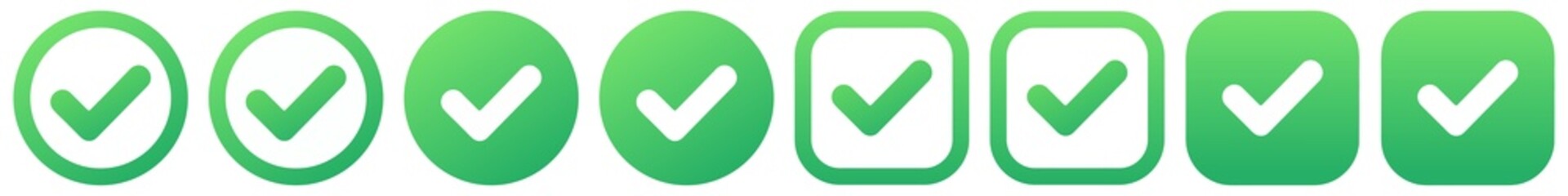 Green tick check emoji icon set with circle square rounded outline gradient checkmark on transparent background for approved success symbol sign © aimthy stock