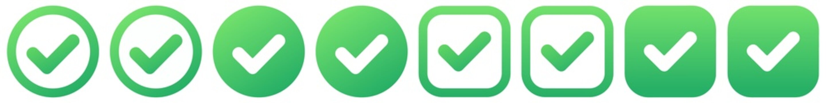 Green tick check emoji icon set with circle square rounded outline gradient checkmark on transparent background for approved success symbol sign