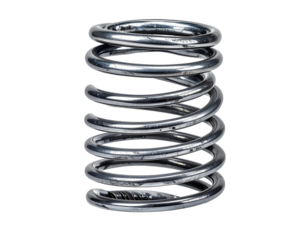 A close-up studio shot of a shiny metal coil spring, vertical alignment, isolated on black background