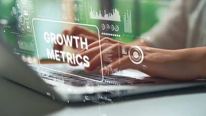 Analyzing Growth Metrics with Data Visualization on Laptop in Modern Office Environment. Asymptotic smart data analytic.