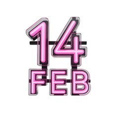 14 FEB neon pink glass sign for Valentine's Day date celebration 3D typography isolated on white.