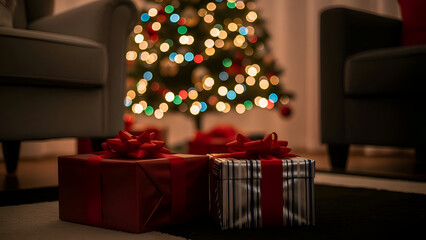 Title: Two wrapped Christmas gifts with red and silver wrapping paper in front of a decorated