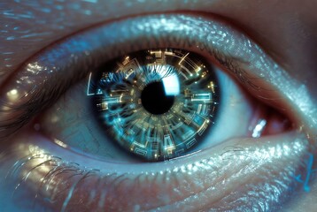 Close-up of a futuristic human eye with glowing digital circuit patterns in the