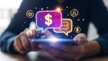 Digital finance and communication a person using a smartphone with money icons