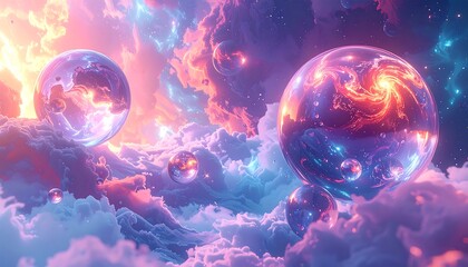 Enchanting celestial orbs reflecting swirling galaxies adrift in a vibrant cosmic cloudscape