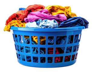 A vibrant blue laundry basket overflowing with a colorful assortment of freshly washed clothes