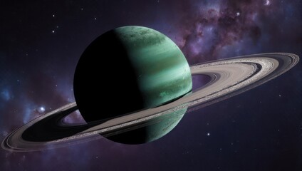 A stunning green ringed planet in deep space with nebulae and stars.