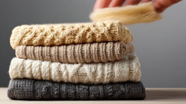Stack of knitted sweaters placed neatly on a wooden table in a room with soft light coming from the side