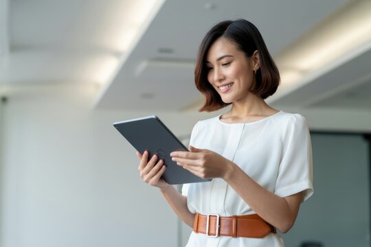 Mature CEO businesswoman holding digital tablet using fintech tab application standing in office. Eastern Asian 40s adult professional business woman looking digital touchscreen device. Copy space