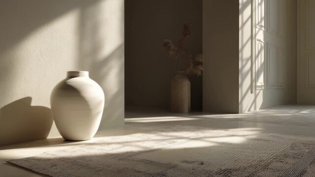 Empty room with light casting shadows on simple decor and textured rug revealing a calm atmosphere in a neutral-toned space during daylight hours
