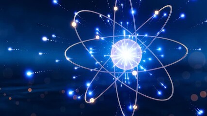 Atomic structure. Scientific breakthrough. Modern scientific research on nuclear fusion. The nucleus of an atom surrounded by electrons on a technological background.