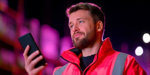 Ukrainian male worker in a reflective safety jacket using a smartphone at night with vibrant pink lights in the background