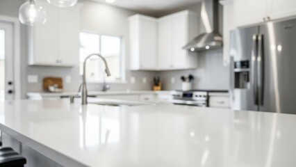 Modern Kitchen Interior with White Cabinets, Stainless Steel Appliances, and Island Countertop