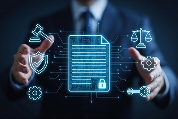 Man presenting digital document with legal and security icons on dark background