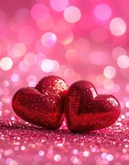 Fototapeta premium Two glittering red hearts rest on a sparkling pink surface with a bright bokeh background.