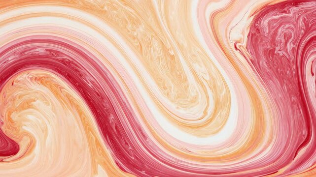 Swirls of orange and red colors create a vibrant pattern on a smooth surface during an art process in a studio
