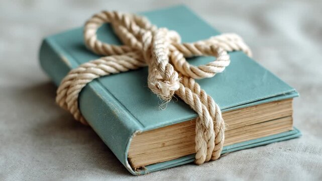 A book wrapped in rope placed on a textured surface in a simple setting during daylight hours