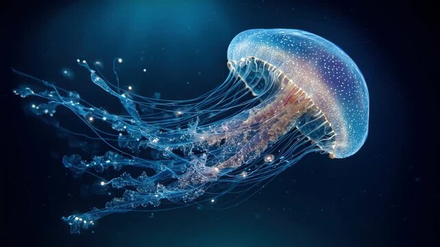 Colorful jellyfish swims in deep ocean waters while its tentacles trail behind, creating a light show in the dark blue sea during nighttime