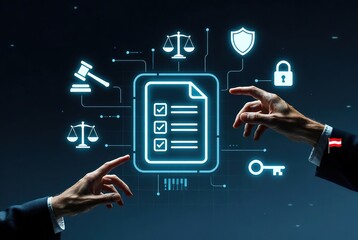 Digital legal contract interface with hands, justice, and security icons on dark…