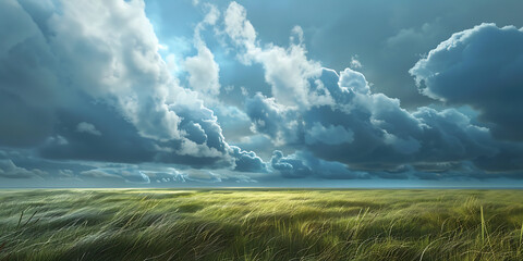 Expansive Grassy Field Under Dramatic Sky