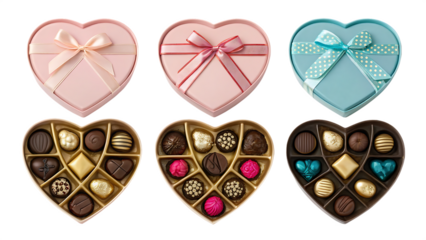 Assorted heart shaped chocolate gift boxes with colorful bows and candies