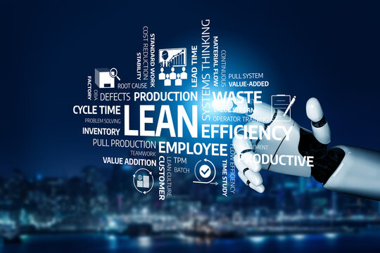 Visual representation of lean management principles with a robotic hand interacting with business terms, highlighting efficiency and productivity in modern industry. Tessel