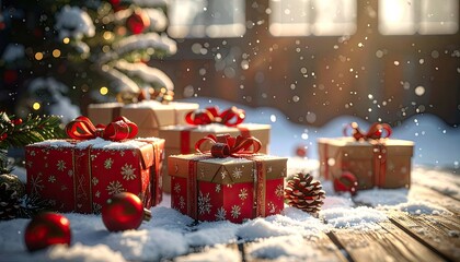 Festive Christmas presents wrapped in red and brown, dusted with snow under falling flakes.