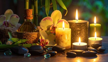 A serene arrangement of spa elements featuring lit candles, essential oil, orchids, bamboo, and smooth stones.