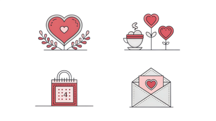 Valentine's Day icons with hearts, calendar, coffee, and envelope