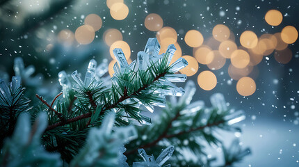 Winter pine branch with snowflakes