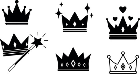 Collection of six black vector crowns with stars hearts and magic wand illustration royal design  © PixelPaletteArt