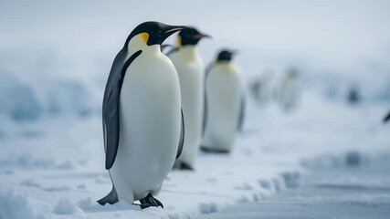 Line of emperor penguins standing on snowy Antarctic ice, calm wildlife scene showing order survival and life in extreme polar conditions