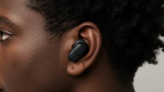 Close-up of a man using Bluetooth headphones, representing wireless audio technology, convenience, and modern lifestyle.