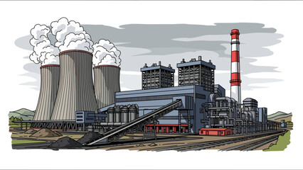 Industrial Power Plant with Cooling Towers.