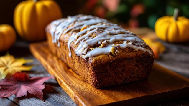 Delicious pumpkin bread decorated with icing rests on a wooden board surrounded by small pumpkins and colorful autumn leaves in a cozy interior