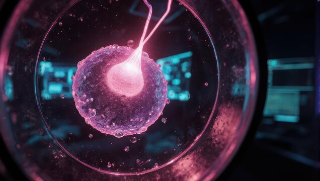 Abstract representation of a glowing cell with a nucleus and tendrils in a laboratory setting. - Powered by Adobe