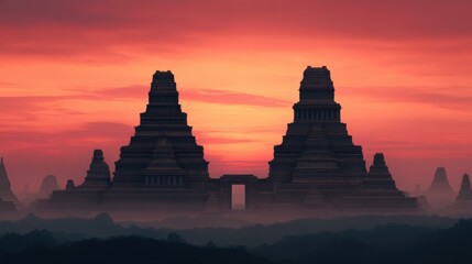 A stunning silhouette of ancient temples against a vibrant sunset, creating a mystical atmosphere in a serene landscape.