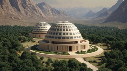 A stunning architectural design featuring two dome-shaped buildings nestled amidst lush greenery and mountains.