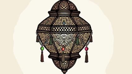 Ornate Metal Lantern with Tassels and Patterns.