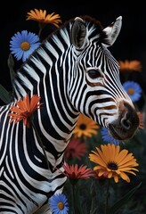 A zebra stands amidst a vibrant bouquet of colorful flowers in the dark.