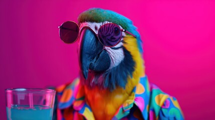 A vibrant parrot wearing sunglasses and a colorful shirt, holding a drink, against a bright pink background.