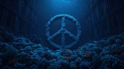 An underwater scene featuring a large peace symbol surrounded by coral, illuminated by soft blue light, conveying tranquility and harmony.