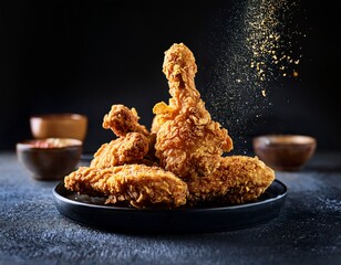 crispy golden fried chicken pieces in dramatic culinary action shot
